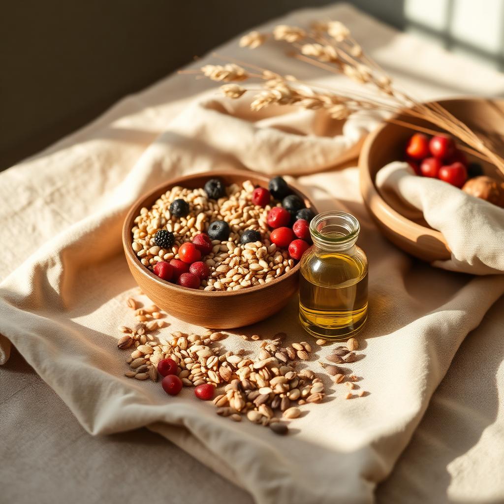 Warm still life of whole grains, berries, seeds and olive oil — foods that support steady hormones and satiety