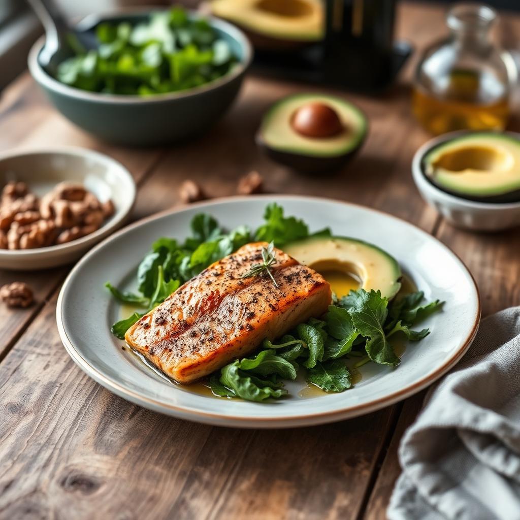 Heart-healthy plate with salmon, leafy greens, olive oil and walnuts — cardiovascular nutrition in Regina