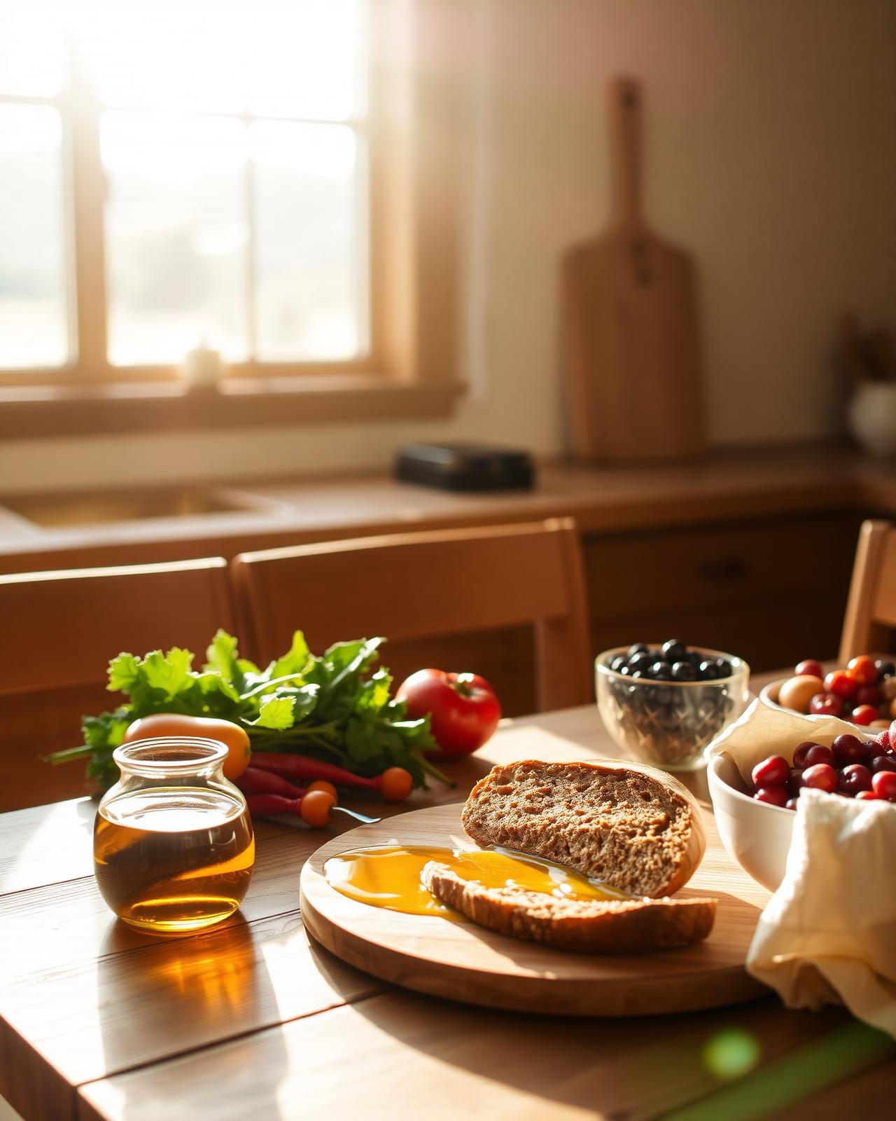 Warm prairie-light kitchen scene with wholesome ingredients on a wooden table
